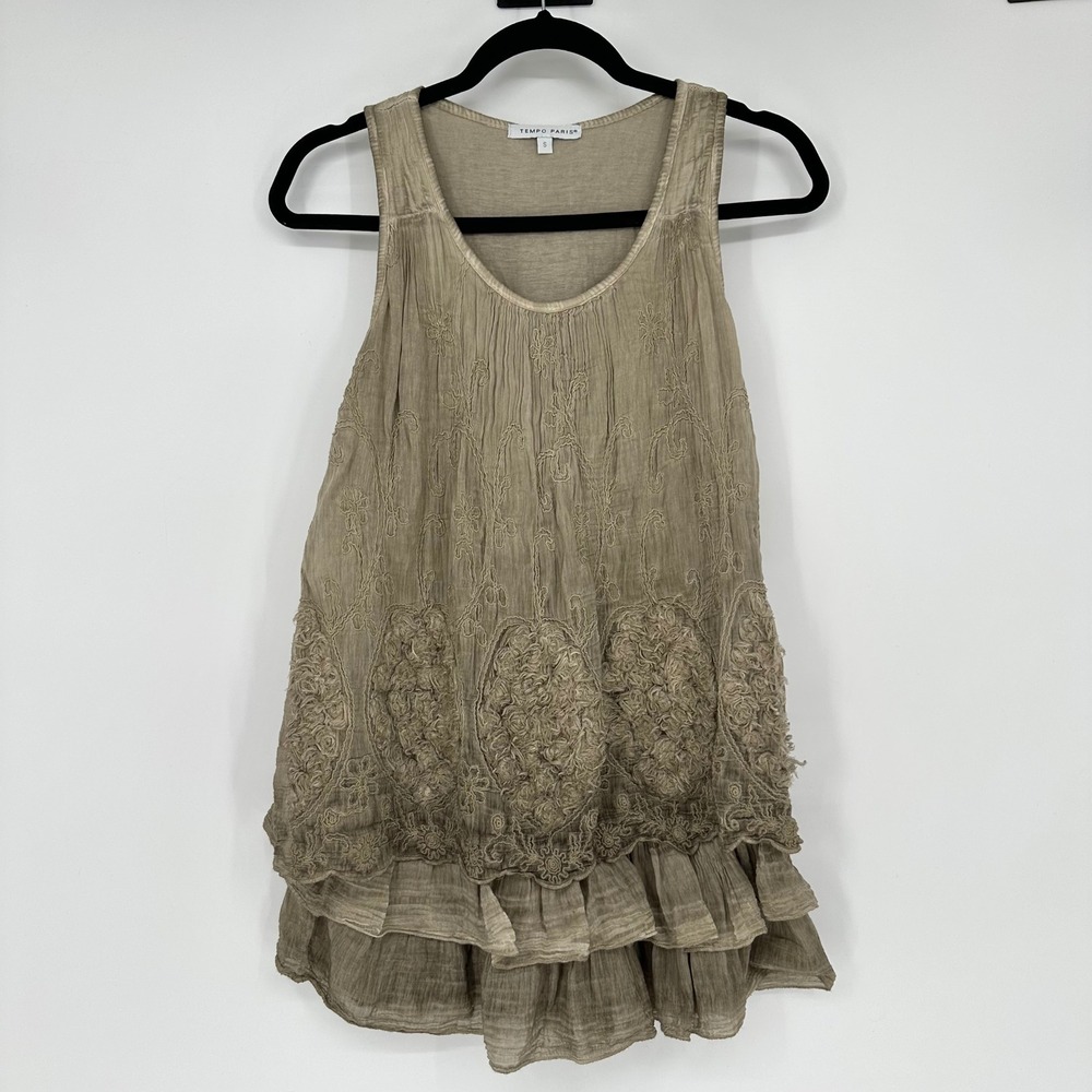 Tempo Paris Green Silk Blend Ruffle Lace Embroidered Layered Top Lagenlook Boho
